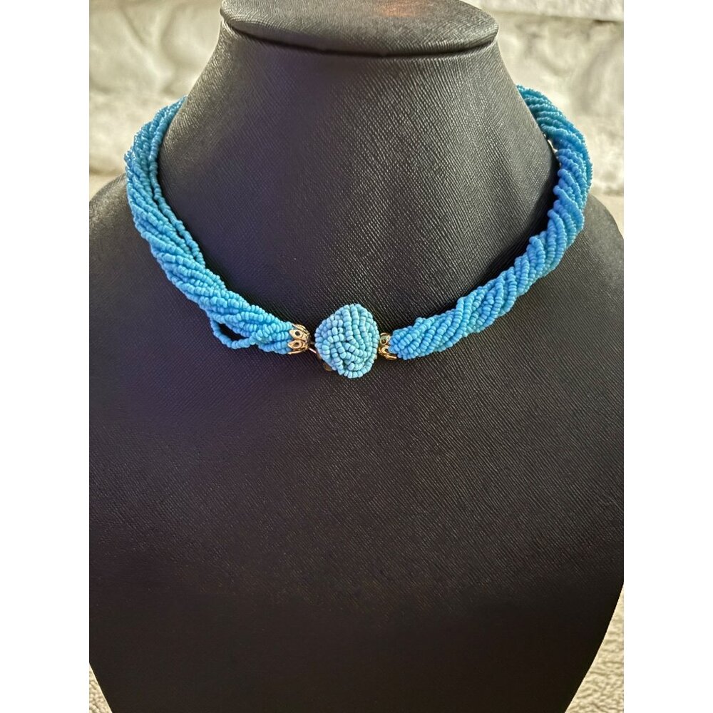 Vintage Blue Seed Bead Necklace With Twisted Design & Button Closure